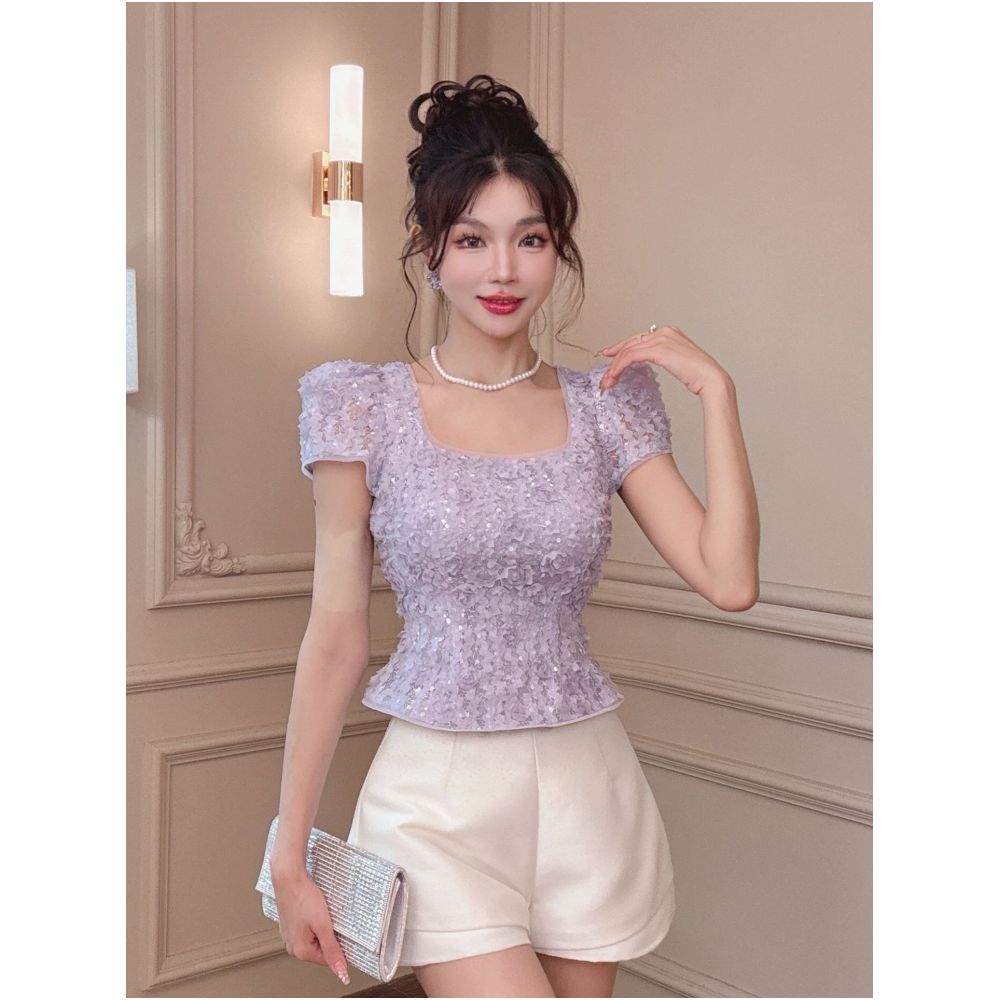 European style square neck French collarbone top for women summer 2026 new style sequined elegant slim fit short sleeves image 2