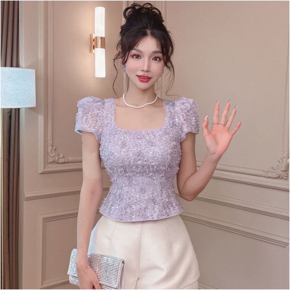 European style square neck French collarbone top for women summer 2026 new style sequined elegant slim fit short sleeves