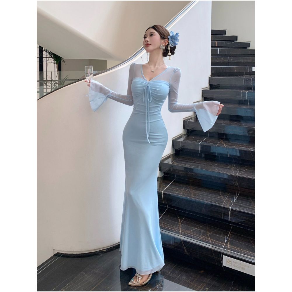 French V neck blue flared sleeve mesh dress for women exuding a sense of luxury and elegance Tailored hip hugging fishtail skirt long skirt image 0
