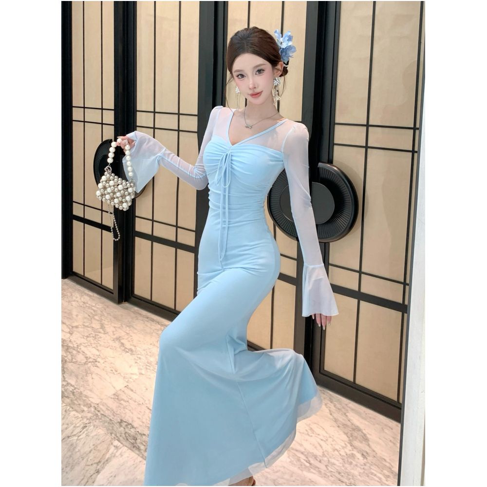 French V neck blue flared sleeve mesh dress for women exuding a sense of luxury and elegance Tailored hip hugging fishtail skirt long skirt image 2