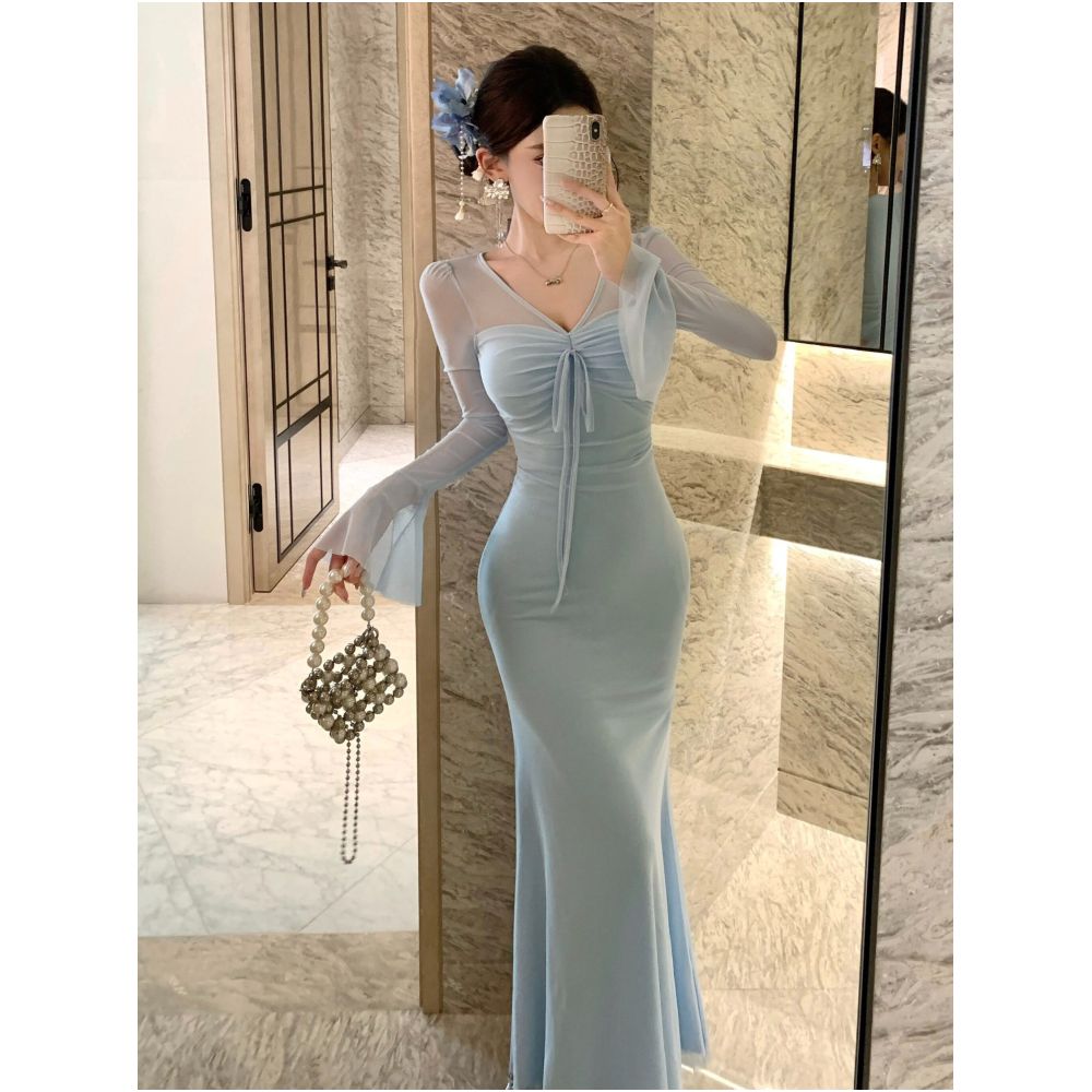 French V neck blue flared sleeve mesh dress for women exuding a sense of luxury and elegance Tailored hip hugging fishtail skirt long skirt image 4