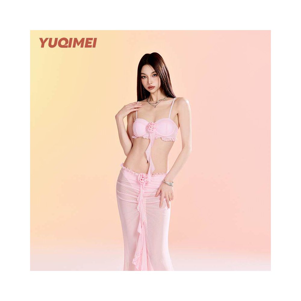 Yuqimei 2025 new bikini pink small chest gathered sexy two piece long skirt vacation hot spring swimsuit for women image 2