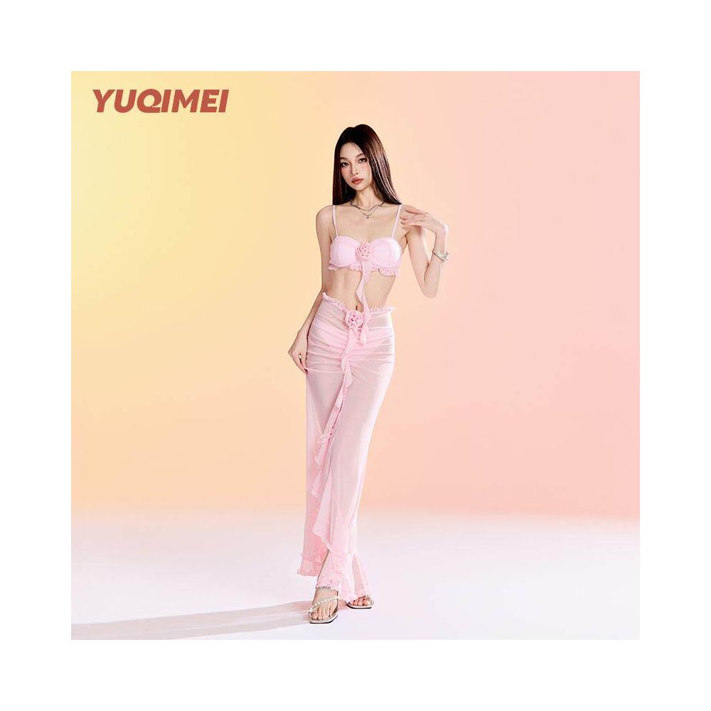 Yuqimei 2025 new bikini pink small chest gathered sexy two piece long skirt vacation hot spring swimsuit for women image 4