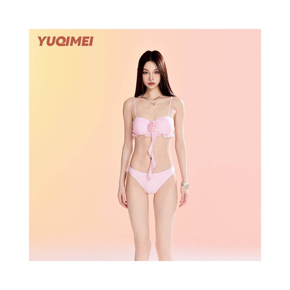 Yuqimei 2025 new bikini pink small chest gathered sexy two piece long skirt vacation hot spring swimsuit for women image 5