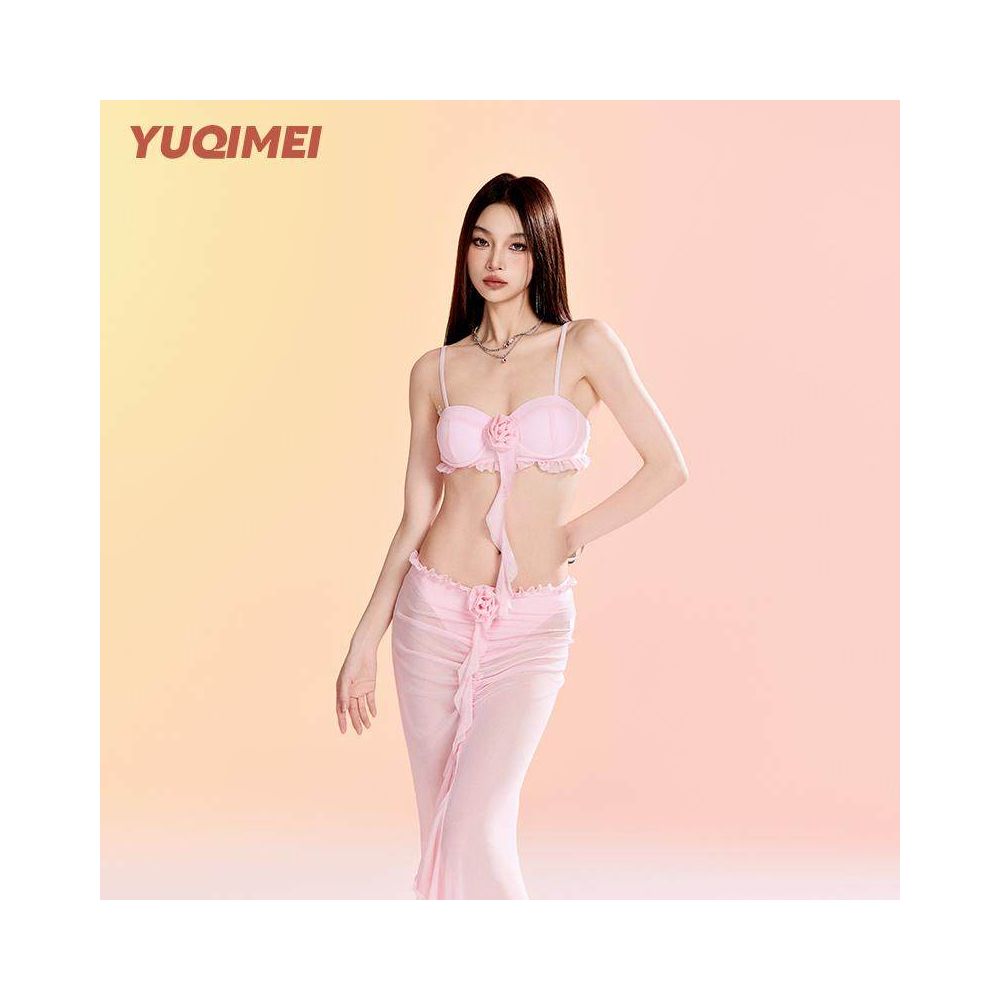 Yuqimei 2025 new bikini pink small chest gathered sexy two piece long skirt vacation hot spring swimsuit for women image 0