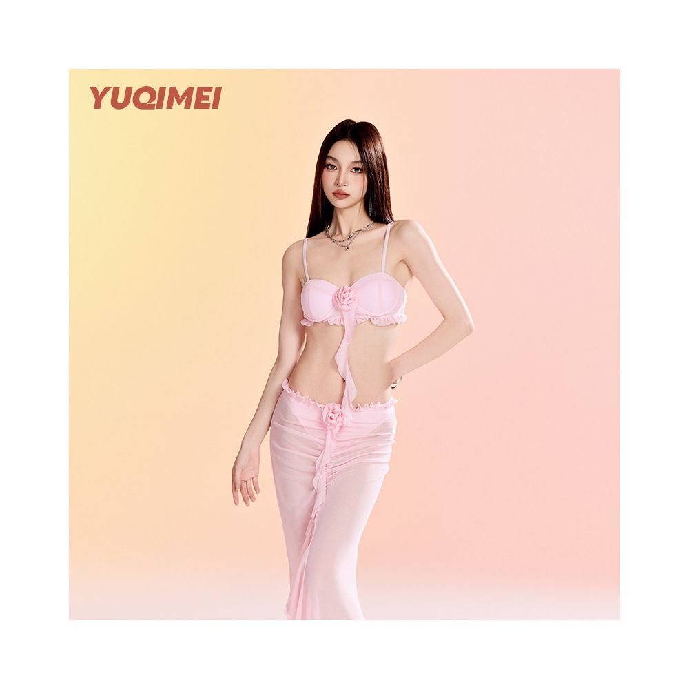 Yuqimei 2025 new bikini pink small chest gathered sexy two piece long skirt vacation hot spring swimsuit for women