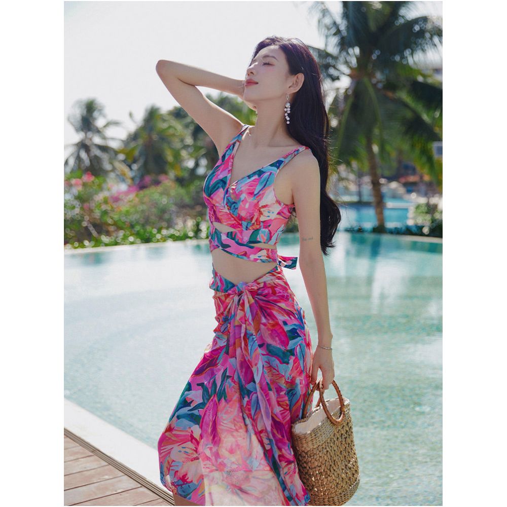 Swimsuit women s beach vacation style bikini three piece set conservative small chest split 2026 new hot spring swimsuit image 2