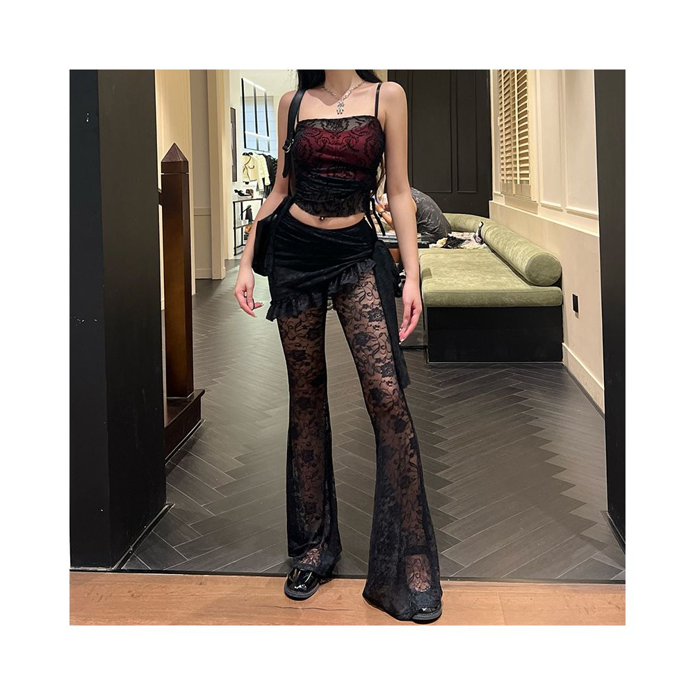 Subcultural wheels dance outfit black queen sexy suit women s lace camisole spicy girl slim fit bell bottom pants image 2