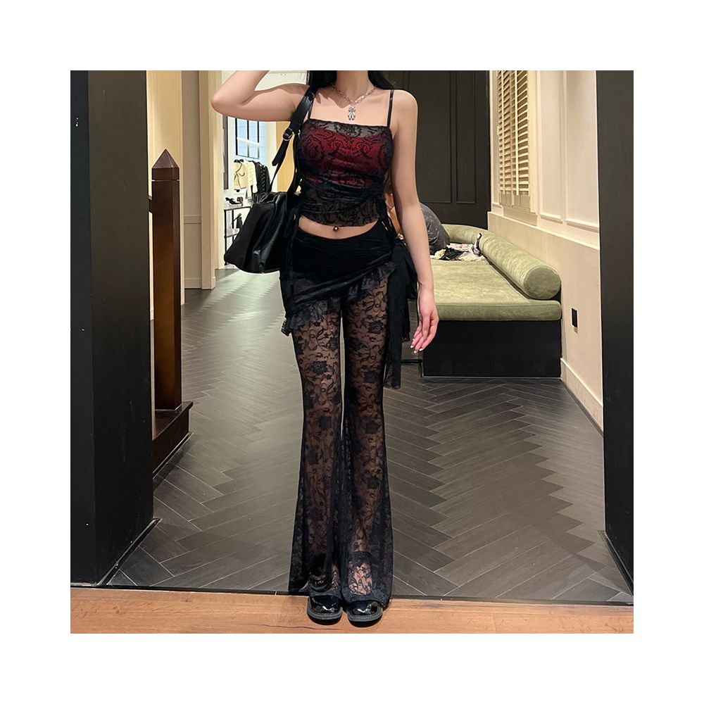 Subcultural wheels dance outfit black queen sexy suit women s lace camisole spicy girl slim fit bell bottom pants image 0