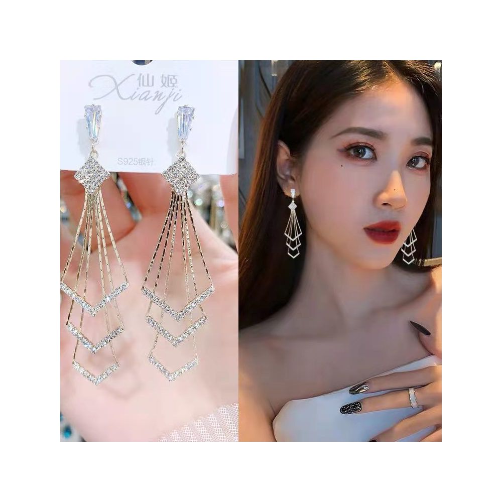 925 silver needle triangle long tassel earrings exaggerated internet celebrity night shop style European and American fashion exaggerated earrings earrings earrings earrings