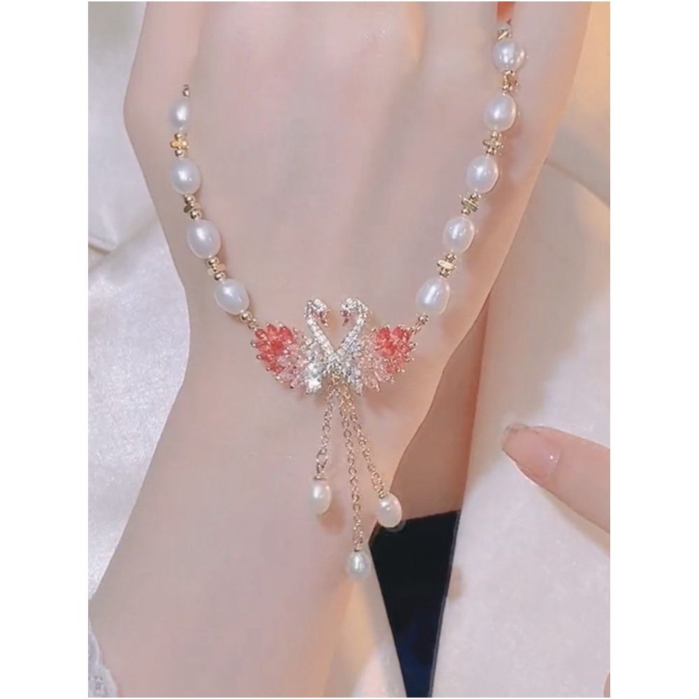 Japanese and Korean style 2026 new swan pink pearl necklace women s high end design fashionable cheongsam sweater chain image 1
