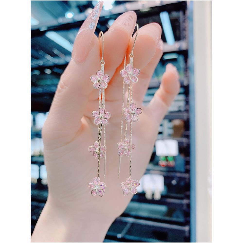 2025 New Trendy Western style Earrings with tassels long pink floral earrings women s Korean light luxury high end earrings