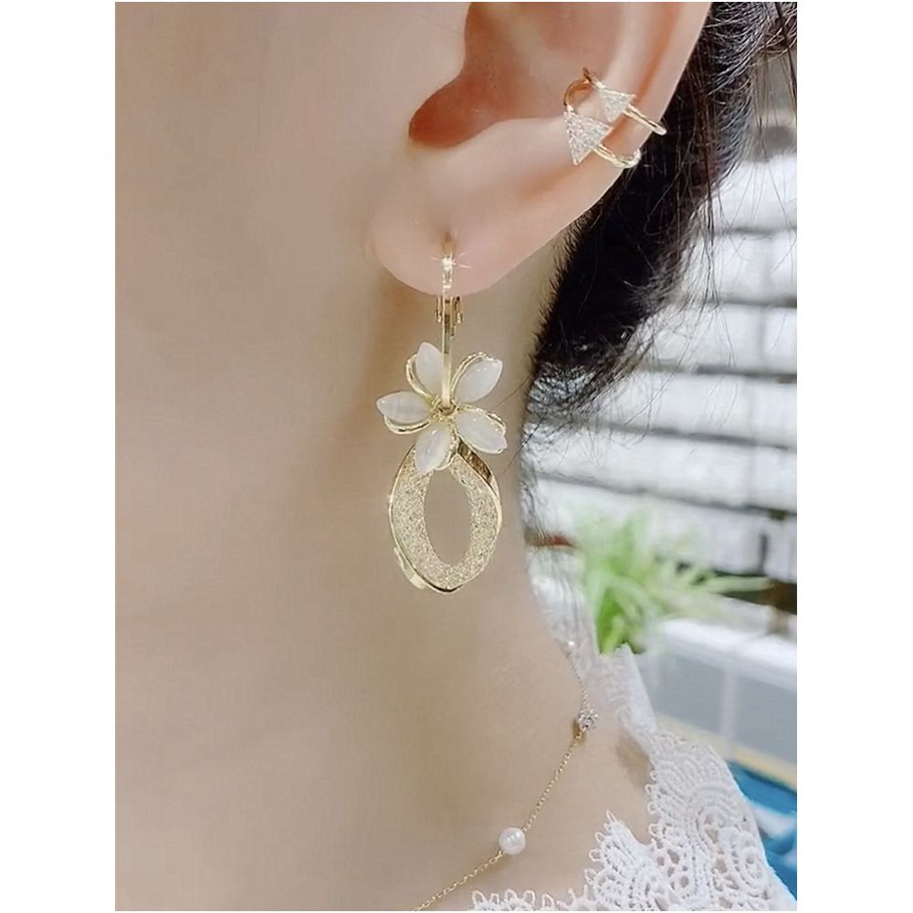 New trendy cat eye stone petal earrings with two straps high end feel pure silver needle temperament fashionable long and versatile earrings image 1