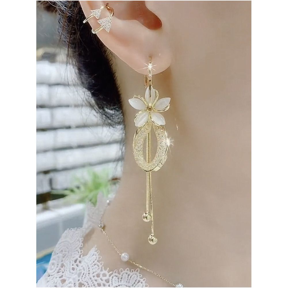 New trendy cat eye stone petal earrings with two straps high end feel pure silver needle temperament fashionable long and versatile earrings image 2