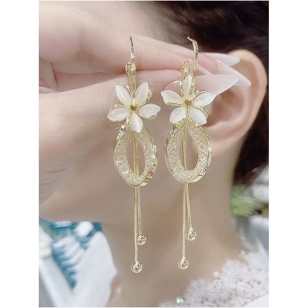 New trendy cat eye stone petal earrings with two straps high end feel pure silver needle temperament fashionable long and versatile earrings image 3
