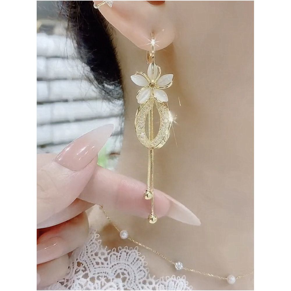 New trendy cat eye stone petal earrings with two straps high end feel pure silver needle temperament fashionable long and versatile earrings image 4