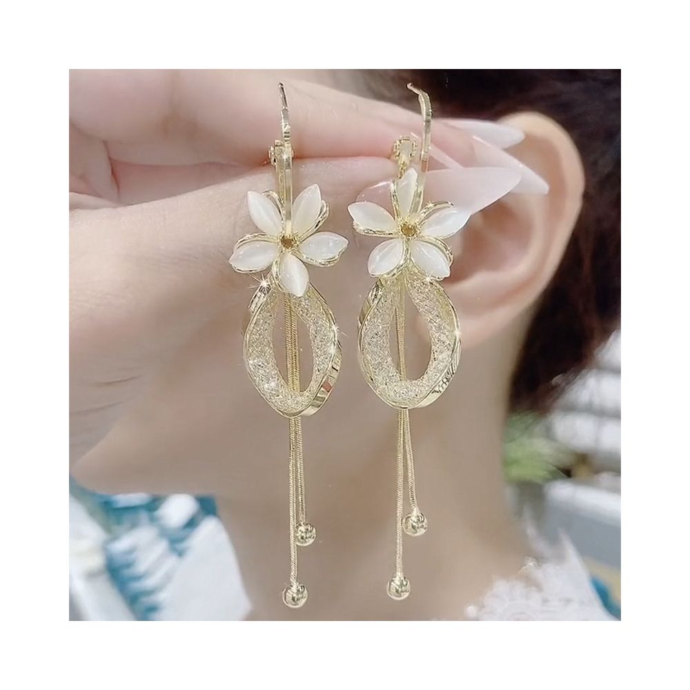 New trendy cat eye stone petal earrings with two straps high end feel pure silver needle temperament fashionable long and versatile earrings