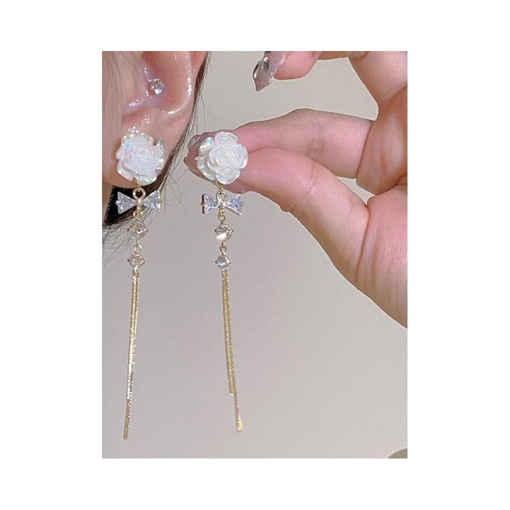 Chaoxianshan Camellia Golden Flower Earnail Long Tassel Eardrop Internet Red Light Luxury Temperament One Two Wear Earaccessory Trendy image 1