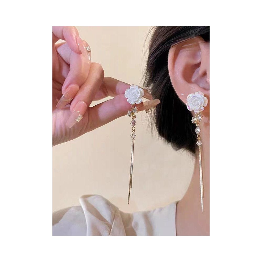 Chaoxianshan Camellia Golden Flower Earnail Long Tassel Eardrop Internet Red Light Luxury Temperament One Two Wear Earaccessory Trendy image 2