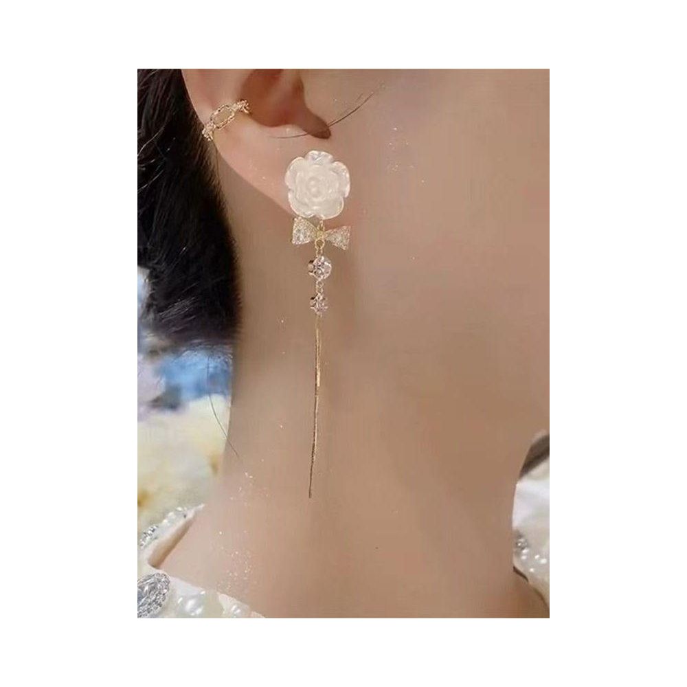 Chaoxianshan Camellia Golden Flower Earnail Long Tassel Eardrop Internet Red Light Luxury Temperament One Two Wear Earaccessory Trendy image 3