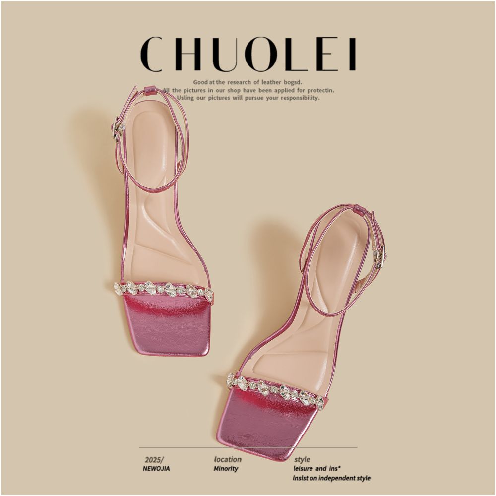 2025 Summer New Fine Heels Women s French Pink Square Head Water Diamond Sexy Outerwear One Line Open toed Sandals image 3