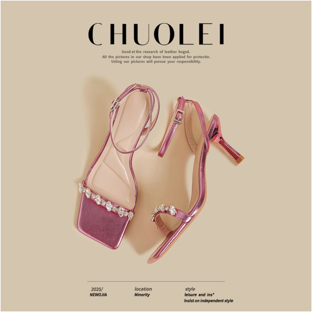 2025 Summer New Fine Heels Women s French Pink Square Head Water Diamond Sexy Outerwear One Line Open toed Sandals image 4