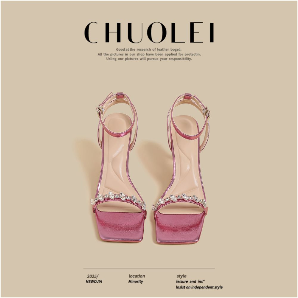2025 Summer New Fine Heels Women s French Pink Square Head Water Diamond Sexy Outerwear One Line Open toed Sandals image 0