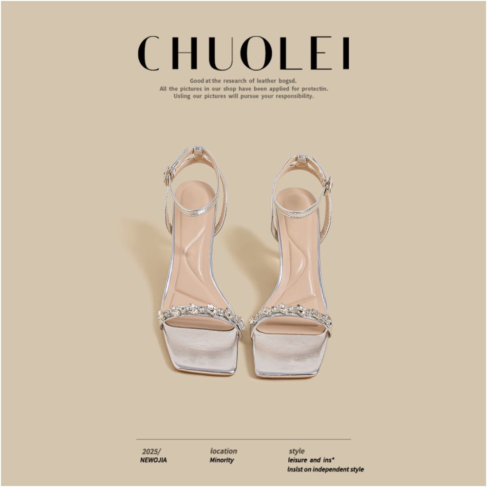 2025 Summer New Fine Heels Women s French Pink Square Head Water Diamond Sexy Outerwear One Line Open toed Sandals