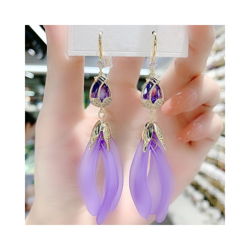 Purple tulip earrings Korean temperament long version super fairy petal tassel earrings internet famous high end earrings ear hooks earrings image 1