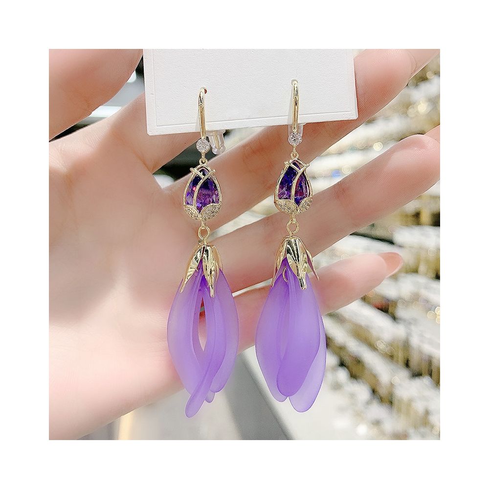Purple tulip earrings Korean temperament long version super fairy petal tassel earrings internet famous high end earrings ear hooks earrings image 2