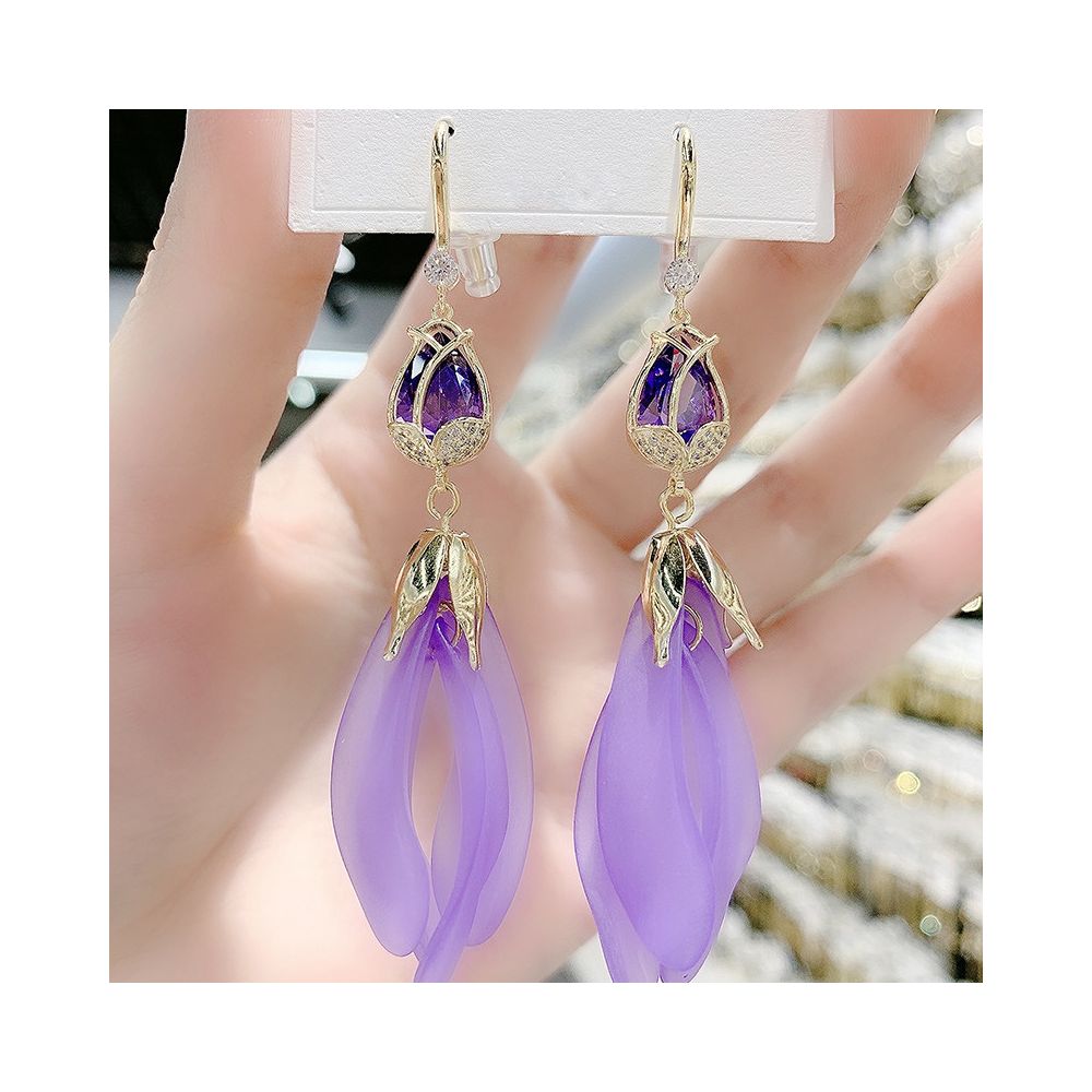 Purple tulip earrings Korean temperament long version super fairy petal tassel earrings internet famous high end earrings ear hooks earrings image 3