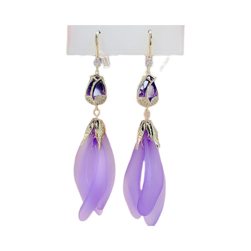 Purple tulip earrings Korean temperament long version super fairy petal tassel earrings internet famous high end earrings ear hooks earrings image 5