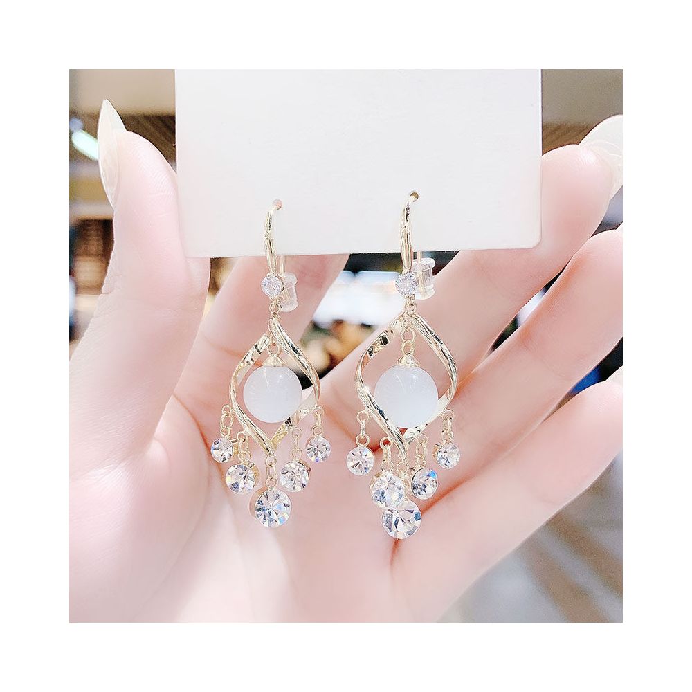 Cat s Eye Stone Earrings 2025 New Trendy Korean Style Super Flash Spiral Water Diamond Tassel Eardrops Hook Earrings for Women
