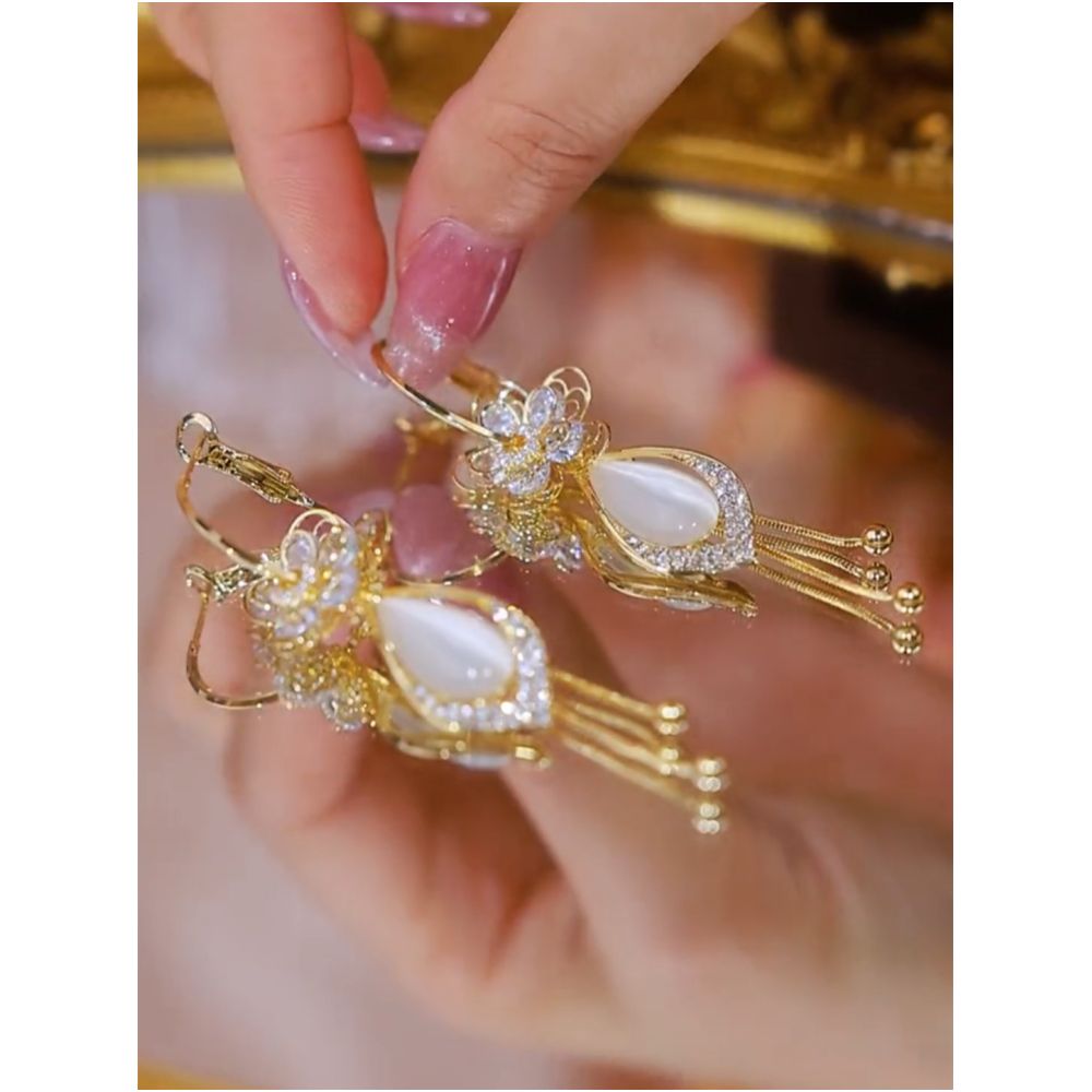 Zircon flower long tassel ball earrings for women long cat s eye stone design trendy and versatile new style image 1