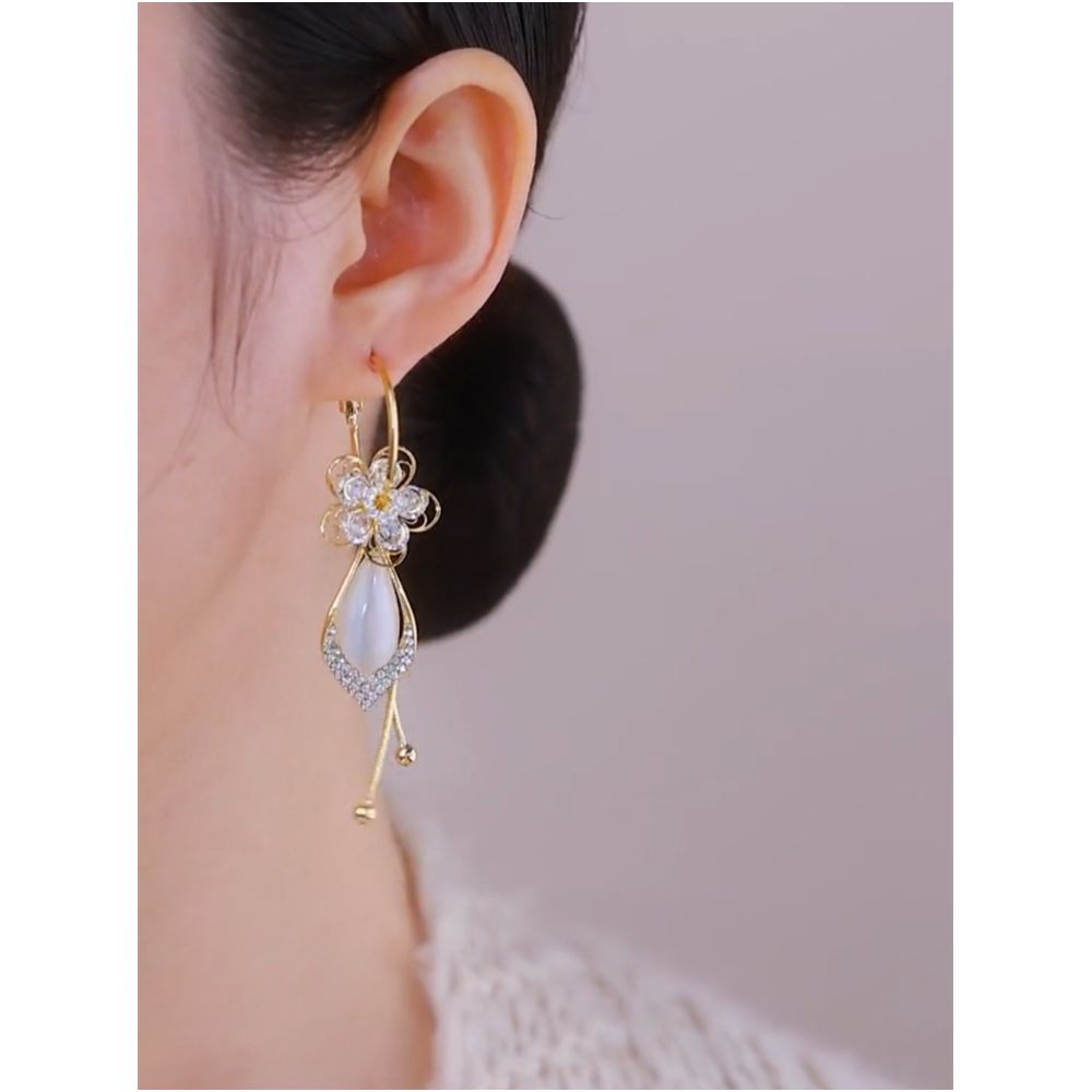 Zircon flower long tassel ball earrings for women long cat s eye stone design trendy and versatile new style image 5