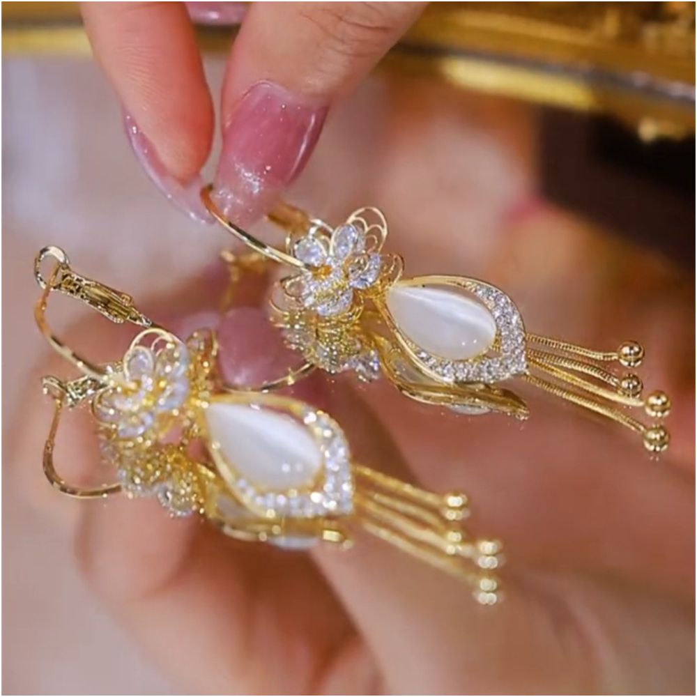 Zircon flower long tassel ball earrings for women long cat s eye stone design trendy and versatile new style