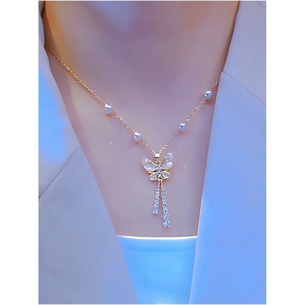 Super Immortal Pearl Butterfly Cat Eye Stone Tassel Necklace for Women 2024 New Style Trendy Luxury Clavicle Chain Internet Celebrity Neck Chain