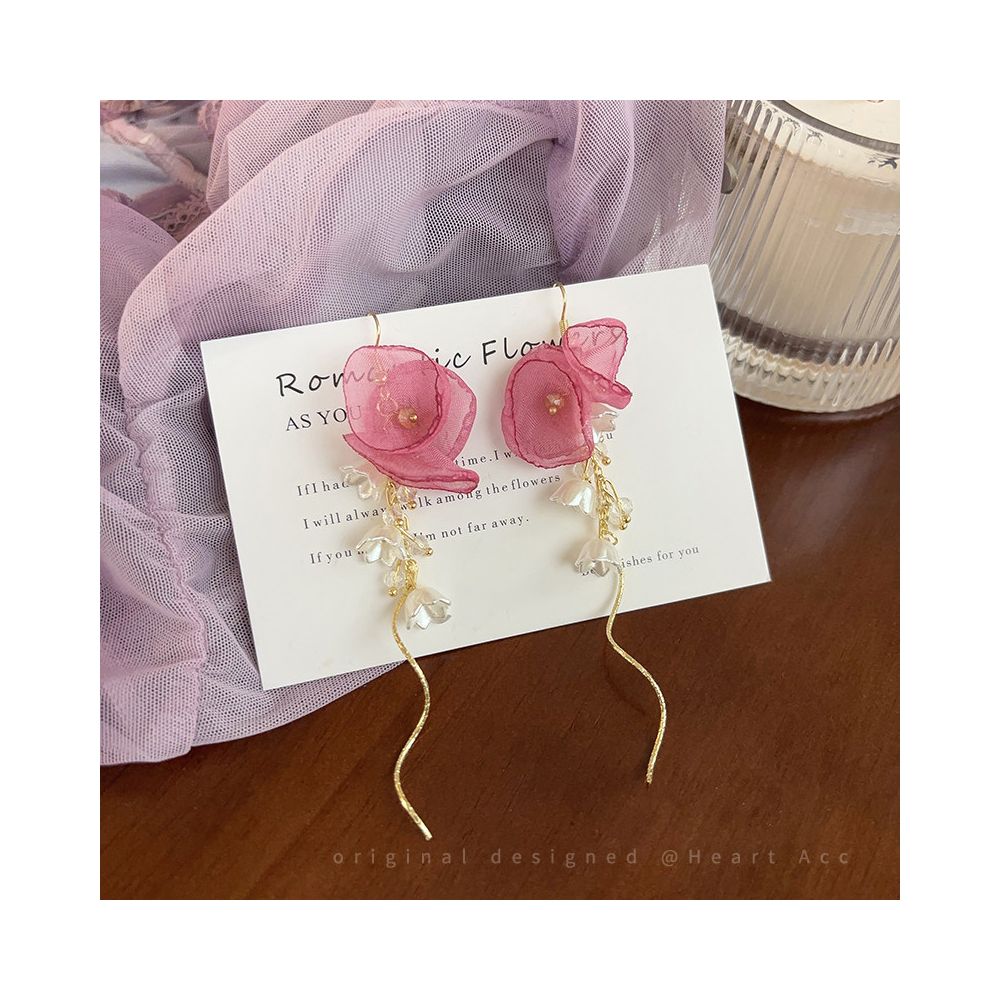 Pink chiffon flower tassel earrings for women French vacation style long edition earrings unique design exaggerated earrings image 2