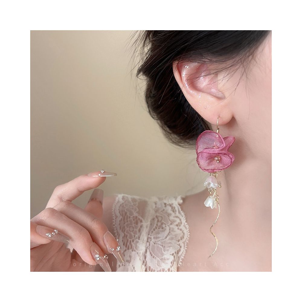 Pink chiffon flower tassel earrings for women French vacation style long edition earrings unique design exaggerated earrings image 4