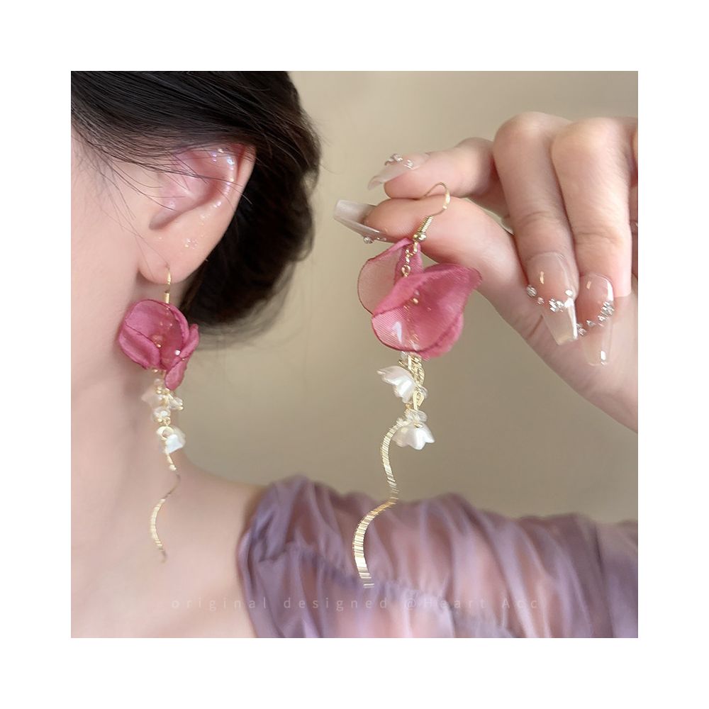 Pink chiffon flower tassel earrings for women French vacation style long edition earrings unique design exaggerated earrings image 5