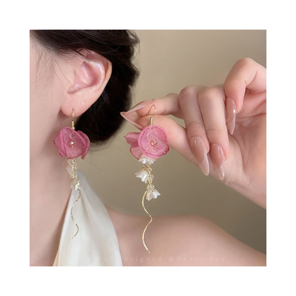 Pink chiffon flower tassel earrings for women French vacation style long edition earrings unique design exaggerated earrings image 0