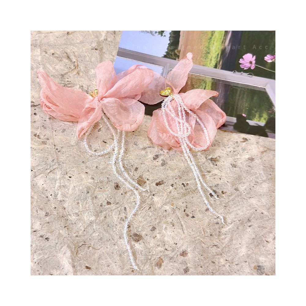 Pink chiffon flower tassel earrings for women French vacation style long edition earrings unique design exaggerated earrings