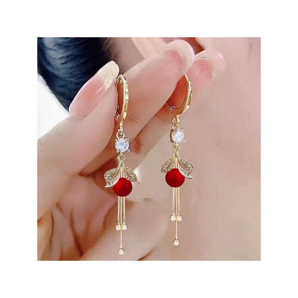 New earrings high end design red new long tassel earrings pearl beads leaf earrings buckle temperament earrings image 1