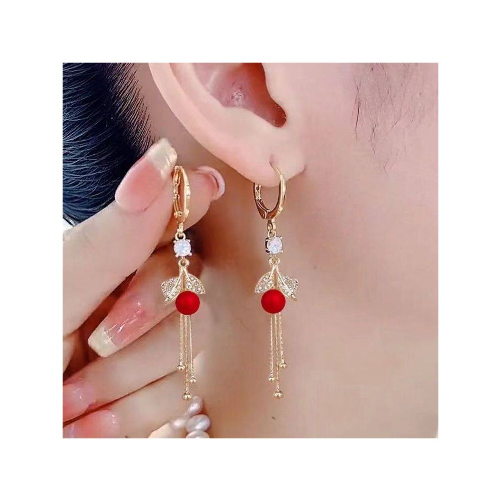 New earrings high end design red new long tassel earrings pearl beads leaf earrings buckle temperament earrings image 3