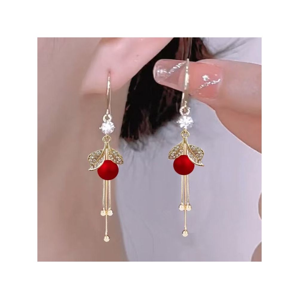 New earrings high end design red new long tassel earrings pearl beads leaf earrings buckle temperament earrings image 4