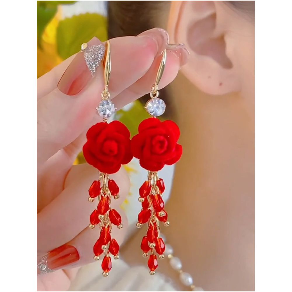 Elegant and high end red flower crystal tassel earrings with feminine temperament light luxury long earrings fashionable and festive earrings image 0