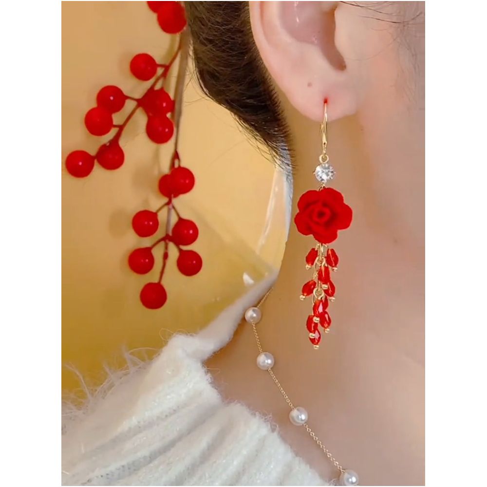 Elegant and high end red flower crystal tassel earrings with feminine temperament light luxury long earrings fashionable and festive earrings image 1