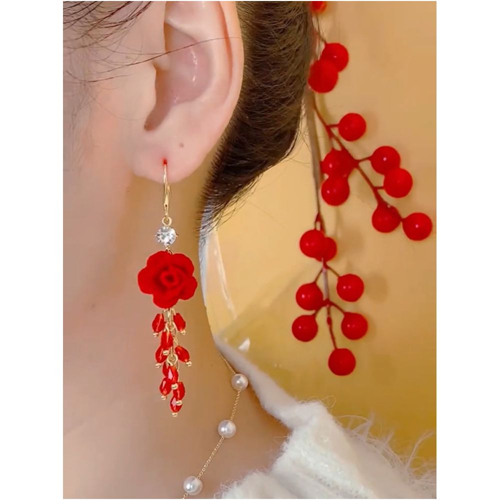 Elegant and high end red flower crystal tassel earrings with feminine temperament light luxury long earrings fashionable and festive earrings image 2