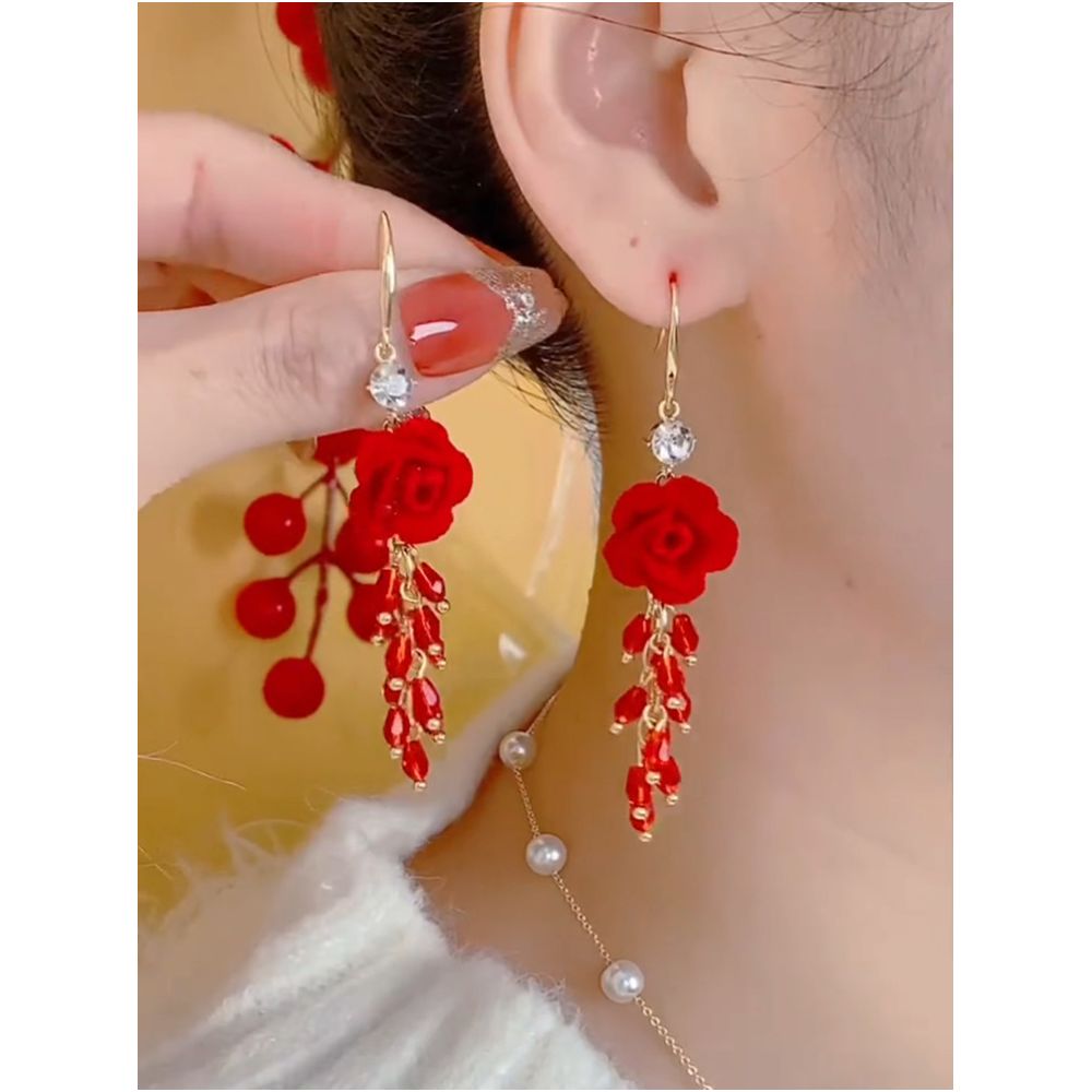 Elegant and high end red flower crystal tassel earrings with feminine temperament light luxury long earrings fashionable and festive earrings image 3