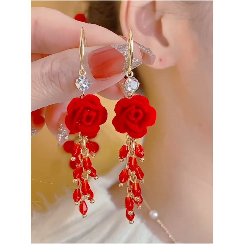 Elegant and high end red flower crystal tassel earrings with feminine temperament light luxury long earrings fashionable and festive earrings image 4